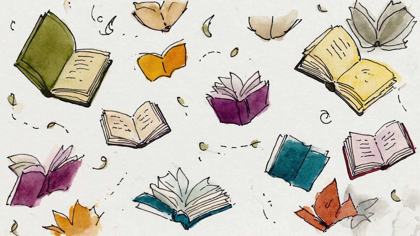 Watercolor illustration of small colorful books tumbling through the air like leaves
